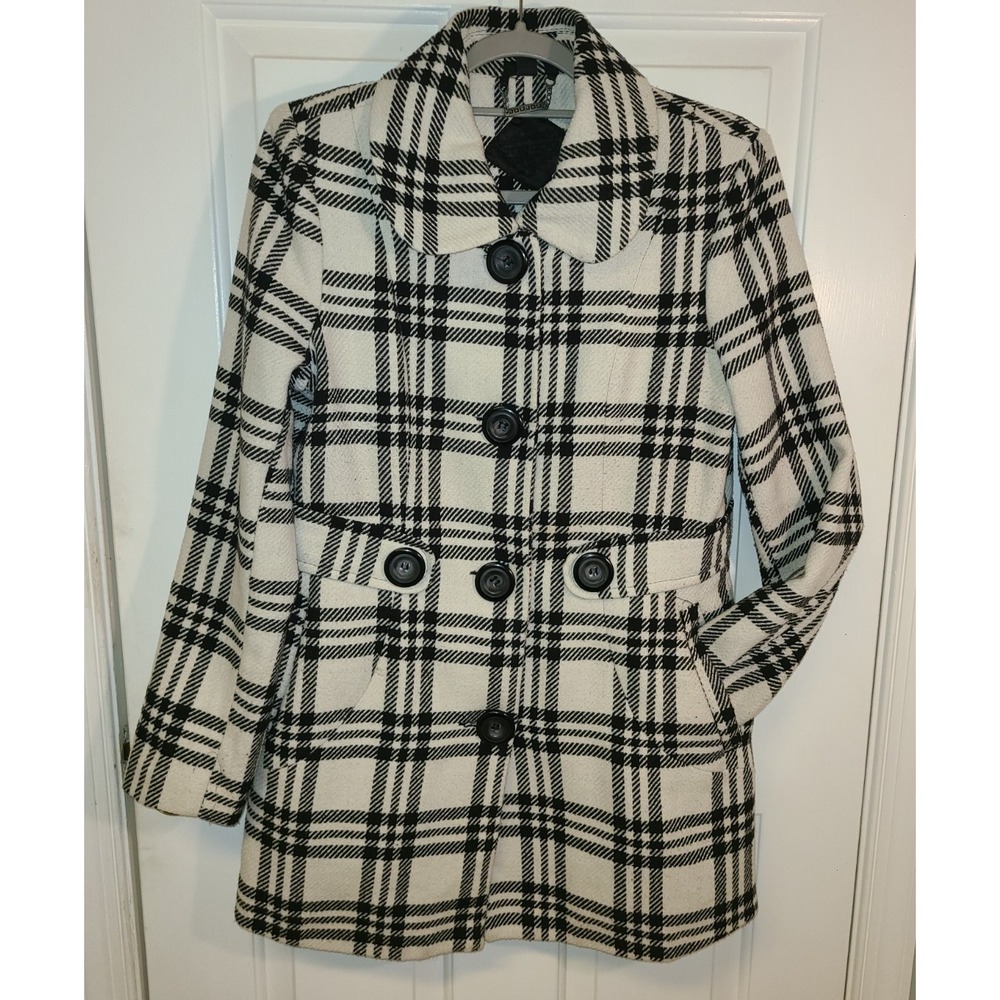 JOUJOU SIZE L WHITE/BLACK PLAID, Single Breasted Poly/Wool‎ PEA COAT